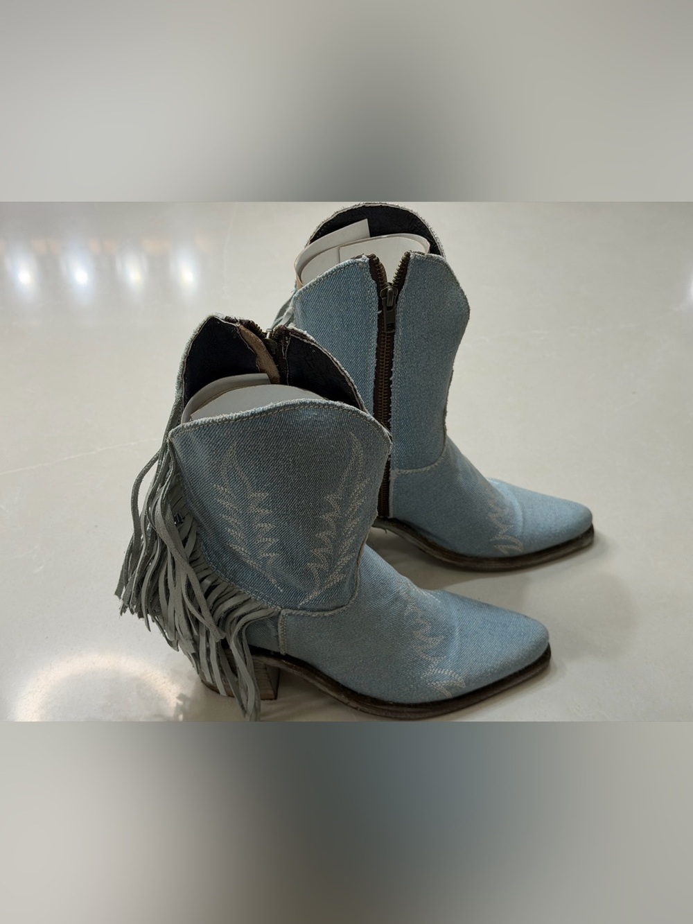 NIB Liberty Black Denim Fringe Western Cowgirl Booties Size 8